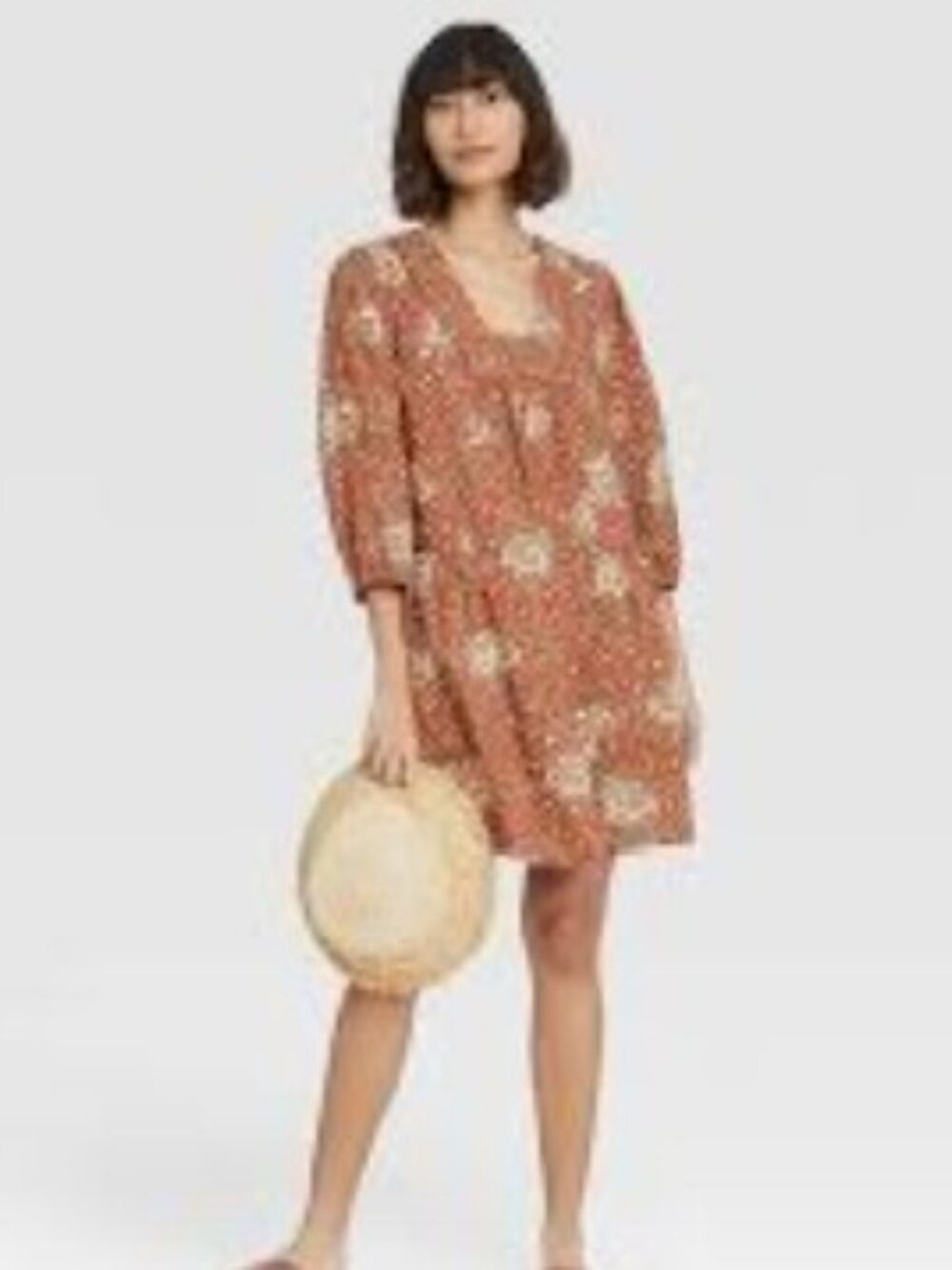 Knox Rose Boho Rust Brown & Cream Floral Mini Dress XXL